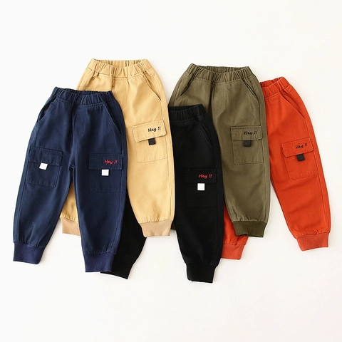 Boys Casual Cotton Blend Cargo Pants With Elastic Waist Pocket Embroidery Solid Color Toddler Children Jogger Trousers