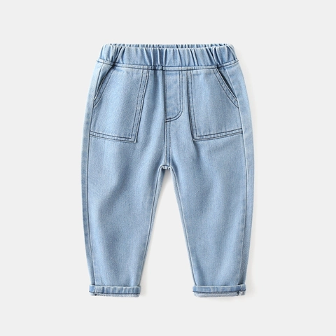 Boys Casual Cotton Denim Jeans Soft Elastic Waist Long Pants For Kids School Daily Wear Light Blue Washed Trousers