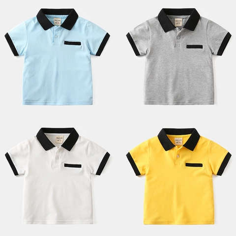 Boys Casual Cotton Blend Short Sleeve Polo Shirt With Contrast Lapel Collar And Pocket Summer Kids Breathable Clothing Top
