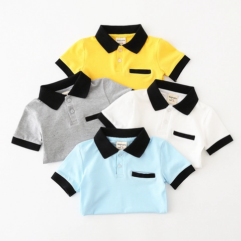 Boys Casual Cotton Blend Short Sleeve Polo Shirt With Contrast Lapel Collar And Pocket Summer Kids Breathable Clothing Top