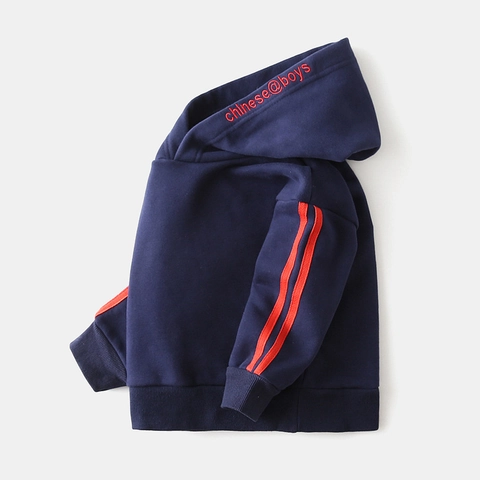 Boys Sporty Navy Blue Thickened Fleece Hoodie With Red Side Stripes And Letter Embroidery Cotton Blend Hooded Sweatshirt