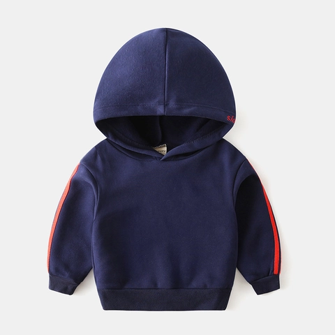 Boys Sporty Navy Blue Thickened Fleece Hoodie With Red Side Stripes And Letter Embroidery Cotton Blend Hooded Sweatshirt