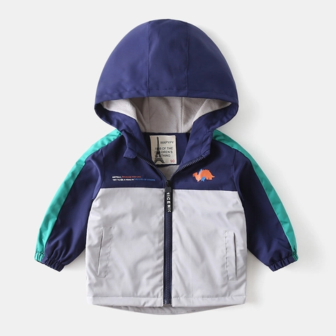 Chaqueta Cortavientos con Capucha Forrada de Vellón para Niño Bloque de Color Dinosaurio Abrigo Cálido de Invierno para Niños