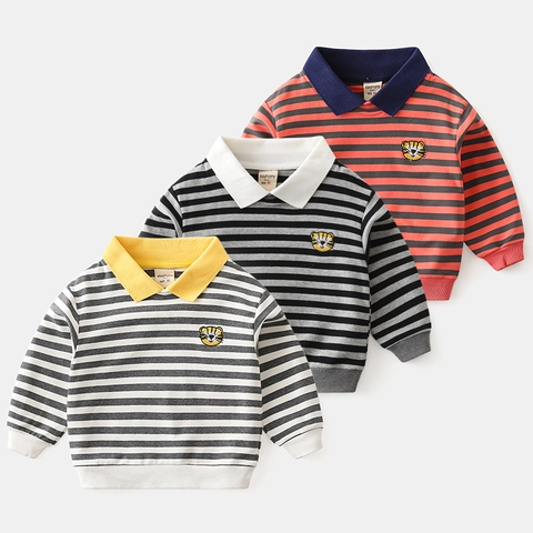 Sweat-shirt Décontracté à Rayures pour Petits Garçons avec Col Rabattu Manches Longues Pull en Mélange de Coton avec Broderie Tigre