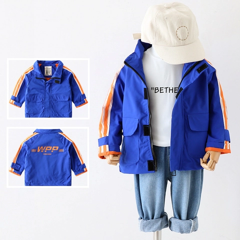 Boys Korean Style Polyester Zipper Jacket Outdoor Sport Windbreaker Contrast Color Spliced Sleeve Webbing Top For Kids