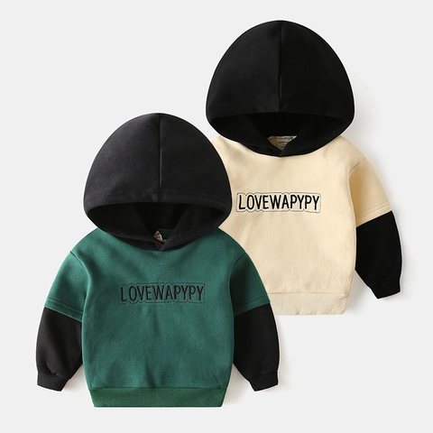 Felpa con Cappuccio da Ragazzo Misto Cotone Colore a Contrasto Spazzolata Ricamo Lettera Autunno Inverno Casual Felpa Bambini