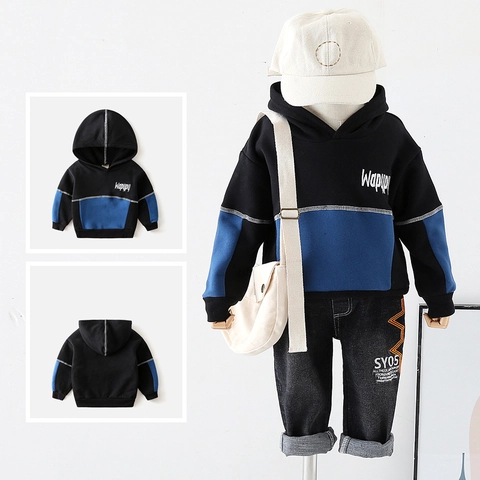 Kids Boys Color Block Hooded Hoodie Thickened Brushed Fleece Warm Pullover Top Letter Print Contrast Stitching Casual Apparel
