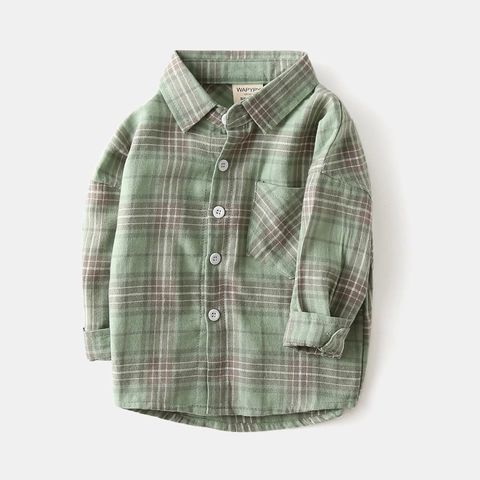 Camicia da Bambino in Cotone a Maniche Lunghe a Quadri Stile Coreano Verde Casual con Bottoni per la Scuola e l'Uso Quotidiano
