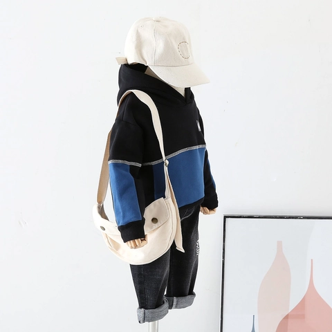Kids Boys Color Block Hooded Hoodie Thickened Brushed Fleece Warm Pullover Top Letter Print Contrast Stitching Casual Apparel