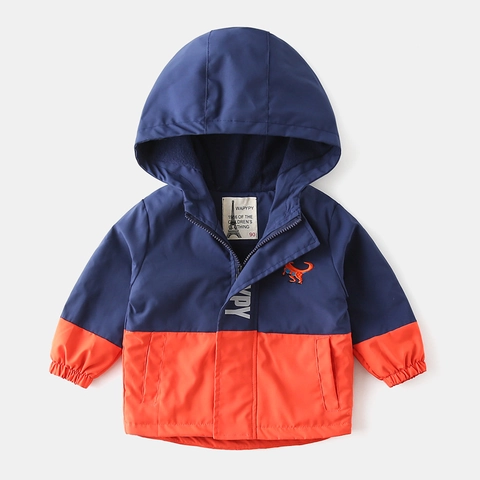Jongens Kleurvlak Jas Met Capuchon Winter Warm Fleece Gevoerd Winddicht Mantel Met Cartoon Dinosaurus Borduurwerk Kinderen Outwear