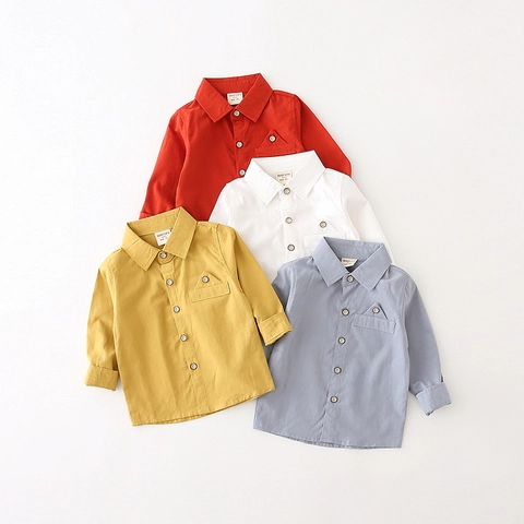 Boys Long Sleeve Cotton Shirt Casual Solid Color Kids Button Down Top With Pocket Square Collar Korean Style Autumn Clothing