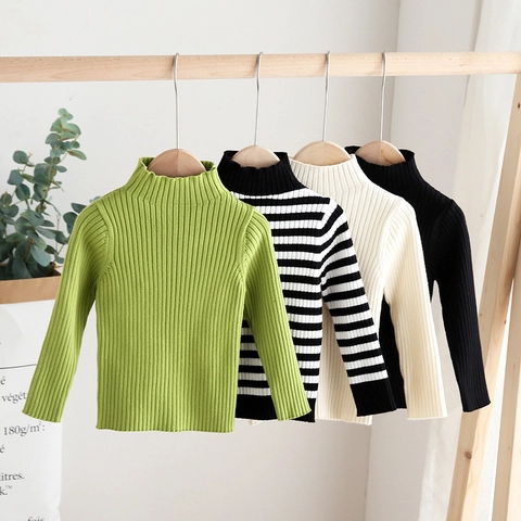 Kids Turtleneck Cotton Blend Sweater Korean Style Boys Ribbed Knit Base Shirt Striped Solid Color Long Sleeve Pullover Autumn Winter Warm Top