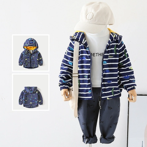 Giacca da Bambino Con Cappuccio Dinosauro a Righe Foderata in Pile Inverno Caldo Cerniera Cappotto Antivento Capispalla per Bambini Blu Bianco