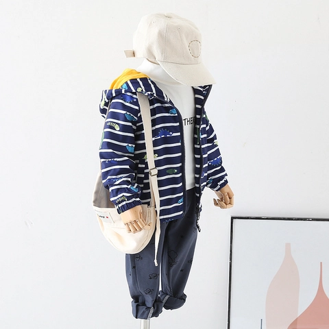 Giacca da Bambino Con Cappuccio Dinosauro a Righe Foderata in Pile Inverno Caldo Cerniera Cappotto Antivento Capispalla per Bambini Blu Bianco
