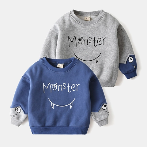 Jongens Cartoon Monster Print Hoodie Zachte Polyester Katoenmix Fleece Gevoerd Pullover Sweatshirt Voor Kinderen Herfst Winter