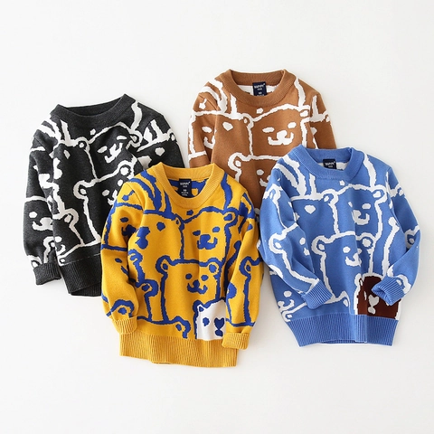 Pull en Maille pour Enfants Motif Ours de Dessin Animé Col Rond Mélange de Coton Chaud Pull pour Garçons Filles Hiver