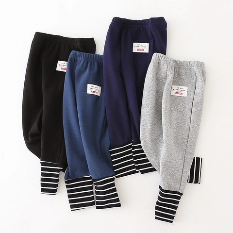 Kids Fleece Lined Joggers Boys Girls Winter Warm Cotton Blend Sweatpants Striped Ribbed Cuffs Casual Patchwork Trousers