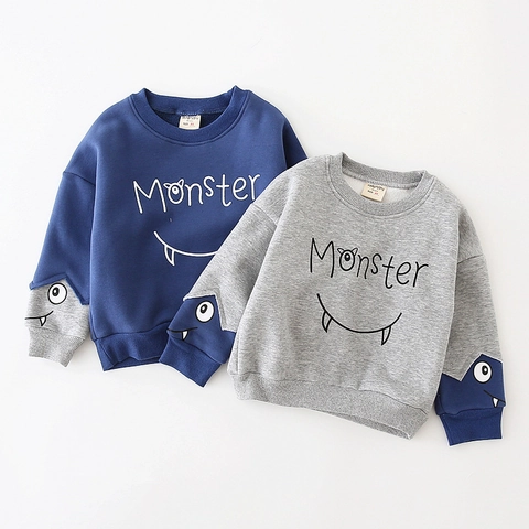 Jongens Cartoon Monster Print Hoodie Zachte Polyester Katoenmix Fleece Gevoerd Pullover Sweatshirt Voor Kinderen Herfst Winter