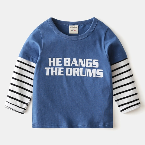 T-Shirt à Manches Longues en Coton Décontracté pour Garçons Faux Deux Pièces Manche Rayée Imprimé Lettres Col Rond Haut Enfants