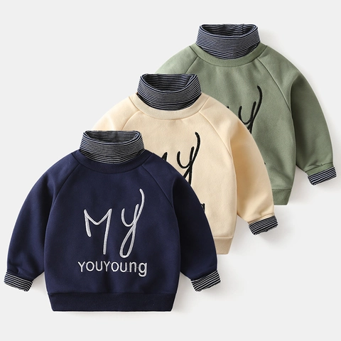 Felpa da Ragazzo Finto Due Pezzi Collo Rialzato Ispessito Misto Cotone Ricamo Lettere Pullover Inverno Bambini Casual Top