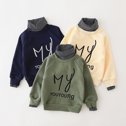 Felpa da Ragazzo Finto Due Pezzi Collo Rialzato Ispessito Misto Cotone Ricamo Lettere Pullover Inverno Bambini Casual Top