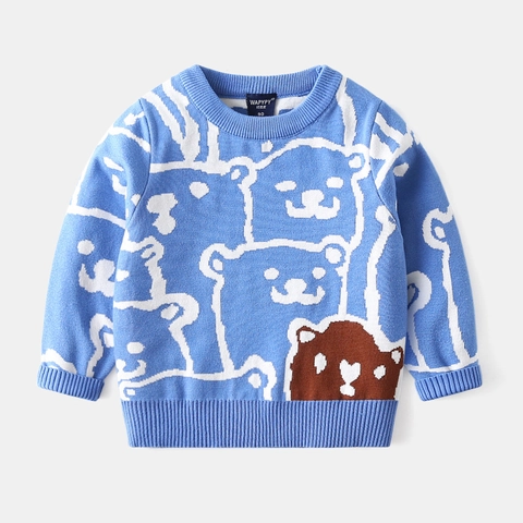 Pull en Maille pour Enfants Motif Ours de Dessin Animé Col Rond Mélange de Coton Chaud Pull pour Garçons Filles Hiver