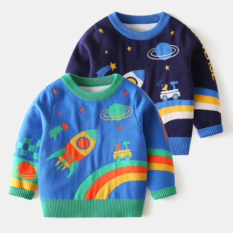 Maglione a Trecce Jacquard con Motivo a Razzo Spaziale per Ragazzi in Misto Cotone Girocollo a Maniche Lunghe per Bambini Inverno