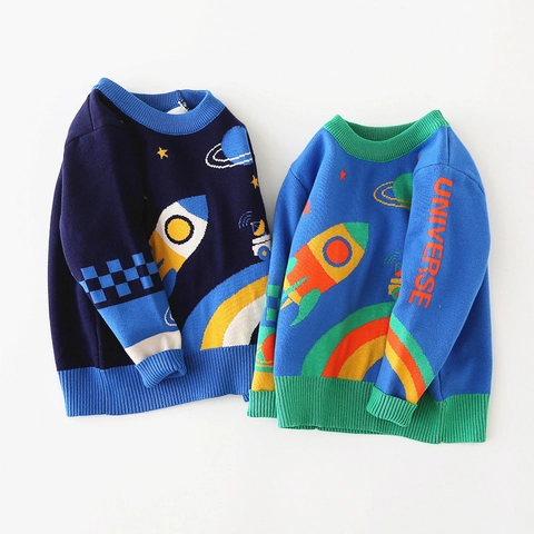 Maglione a Trecce Jacquard con Motivo a Razzo Spaziale per Ragazzi in Misto Cotone Girocollo a Maniche Lunghe per Bambini Inverno
