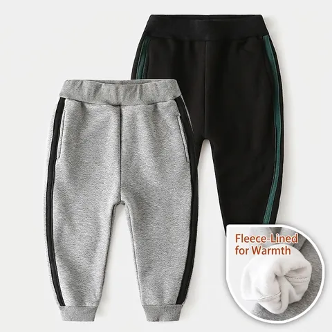 Pantalon de Jogging Fourré Polaire Garçon Mélange de Coton Épais Jogging Décontracté Rayure Latérale Pantalon Chaud Hiver