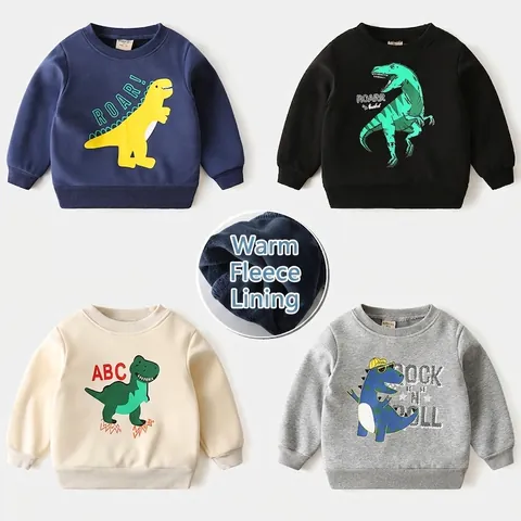 Kleinkinder Kinder Fleecegefüttertes Dinosaurier Sweatshirt Korean Casual Langarm Warm Pullover Jungen Mädchen Cartoon Druck Top