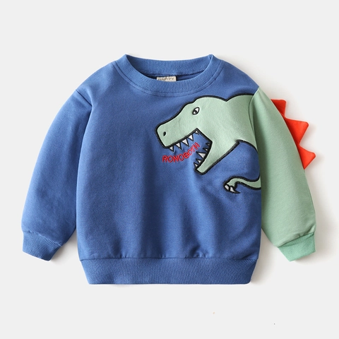 Jongens Casual Katoenmix Patchwork Dinosaurus Sweatshirt Lange Mouwen Pullover 3D Borduurwerk Top Voor Kinderen Peuters