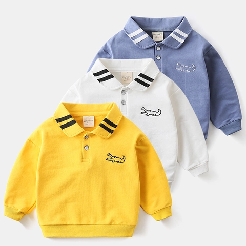 Felpa Polo da Bambino in Stile Coreano a Maniche Lunghe in Misto Cotone per Bambini Casual con Colletto a Strisce e Ricamo di Coccodrillo