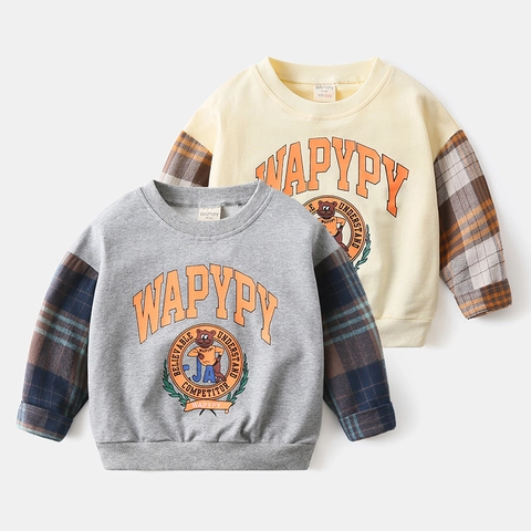 Felpa per Bambini in Misto Cotone Pullover Patchwork a Quadri Manica Lunga Orso Lettera Stampa Casual per Ragazzi e Ragazze