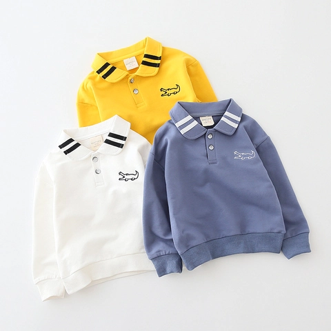 Felpa Polo da Bambino in Stile Coreano a Maniche Lunghe in Misto Cotone per Bambini Casual con Colletto a Strisce e Ricamo di Coccodrillo
