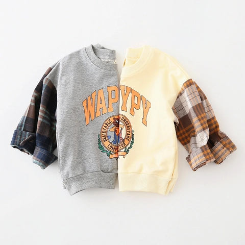 Felpa per Bambini in Misto Cotone Pullover Patchwork a Quadri Manica Lunga Orso Lettera Stampa Casual per Ragazzi e Ragazze