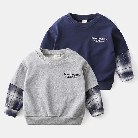 Boys Fake Two-Piece Sweatshirt Plaid Patchwork Sleeve Pullover Long Sleeve Top Casual Kids Apparel Spring Autumn Cotton Blend Sweater