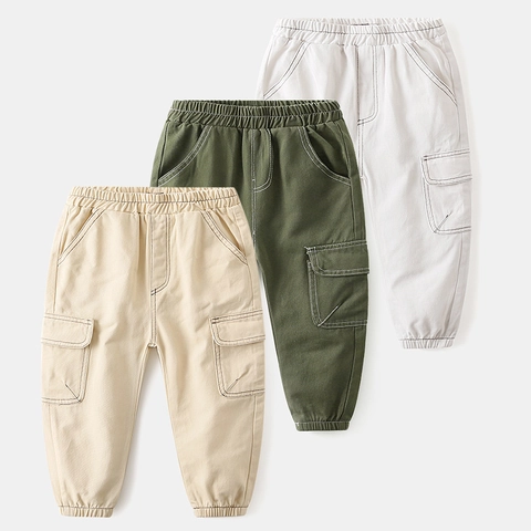 Jungen Cargo-Hose Baumwollmischung Lässige Hose Mit Kontrastnähten Mehrere Taschen Elastischer Bund Kinder Mode Frühling Herbst Hosen