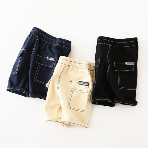 Boys Casual Cargo Shorts Soft Cotton Blend Summer Knee Length Pants With Elastic Waist Contrast Stitching Large Pockets