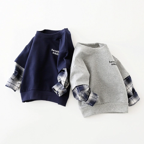 Boys Fake Two-Piece Sweatshirt Plaid Patchwork Sleeve Pullover Long Sleeve Top Casual Kids Apparel Spring Autumn Cotton Blend Sweater