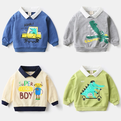 Sweatshirt à Col Polo pour Garçons Manches Longues Imprimé Crocodile Robot Mélange de Coton Top Pullover Décontracté