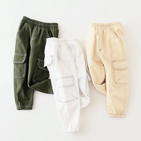 Jungen Cargo-Hose Baumwollmischung Lässige Hose Mit Kontrastnähten Mehrere Taschen Elastischer Bund Kinder Mode Frühling Herbst Hosen