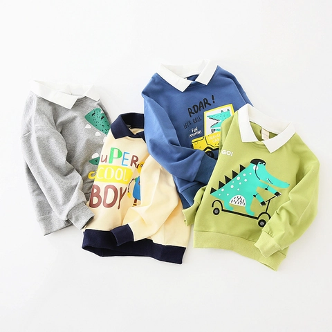 Sweatshirt à Col Polo pour Garçons Manches Longues Imprimé Crocodile Robot Mélange de Coton Top Pullover Décontracté