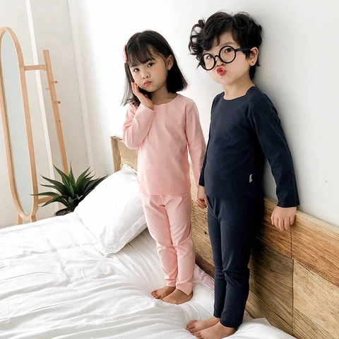 Kids Thermal Underwear Set Autumn Winter Long Sleeve Round Neck Homewear Boys Girls Solid Color Soft Warm Sleepwear Set