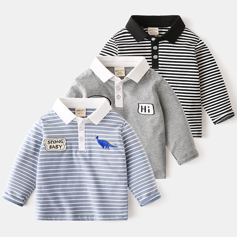 Jungen Casual Langarm Gestreiftes Polo Shirt Weich Baumwollmischung Saurier-Stickerei Kleinkind Revers Top Für Frühling Herbst