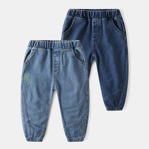 Boys Casual Washed Denim Jeans Embroidered Letter Elastic Waist Cuffed Pants Soft Cotton Everyday Trousers For Kids