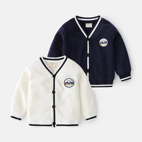 Cardigan in Maglia da Ragazzo Maglione con Scollo a V Ricamo in Cotone Motivo Auto a Righe Stile Collegiale per Bambini