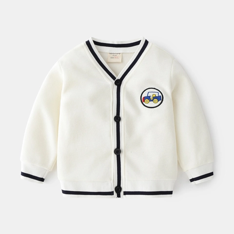 Cardigan in Maglia da Ragazzo Maglione con Scollo a V Ricamo in Cotone Motivo Auto a Righe Stile Collegiale per Bambini