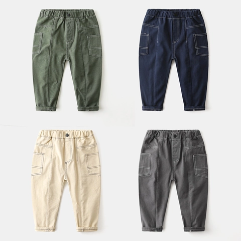 Boys' Casual Cargo Pants Contrast Stitching Elastic Waist Cotton Blend Long Trousers For Kids Spring Autumn