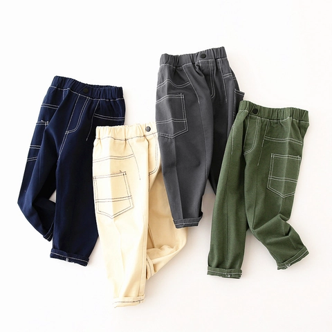 Boys' Casual Cargo Pants Contrast Stitching Elastic Waist Cotton Blend Long Trousers For Kids Spring Autumn