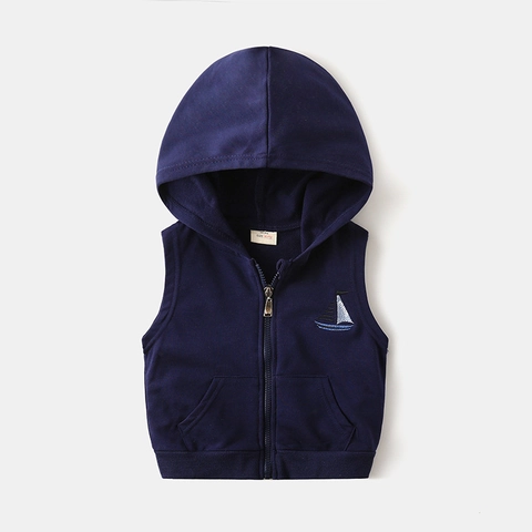Kids Hooded Zipper Vest Toddler Boys Girls Cotton Blend Sailboat Embroidery Waistcoat Casual Spring Autumn Outerwear